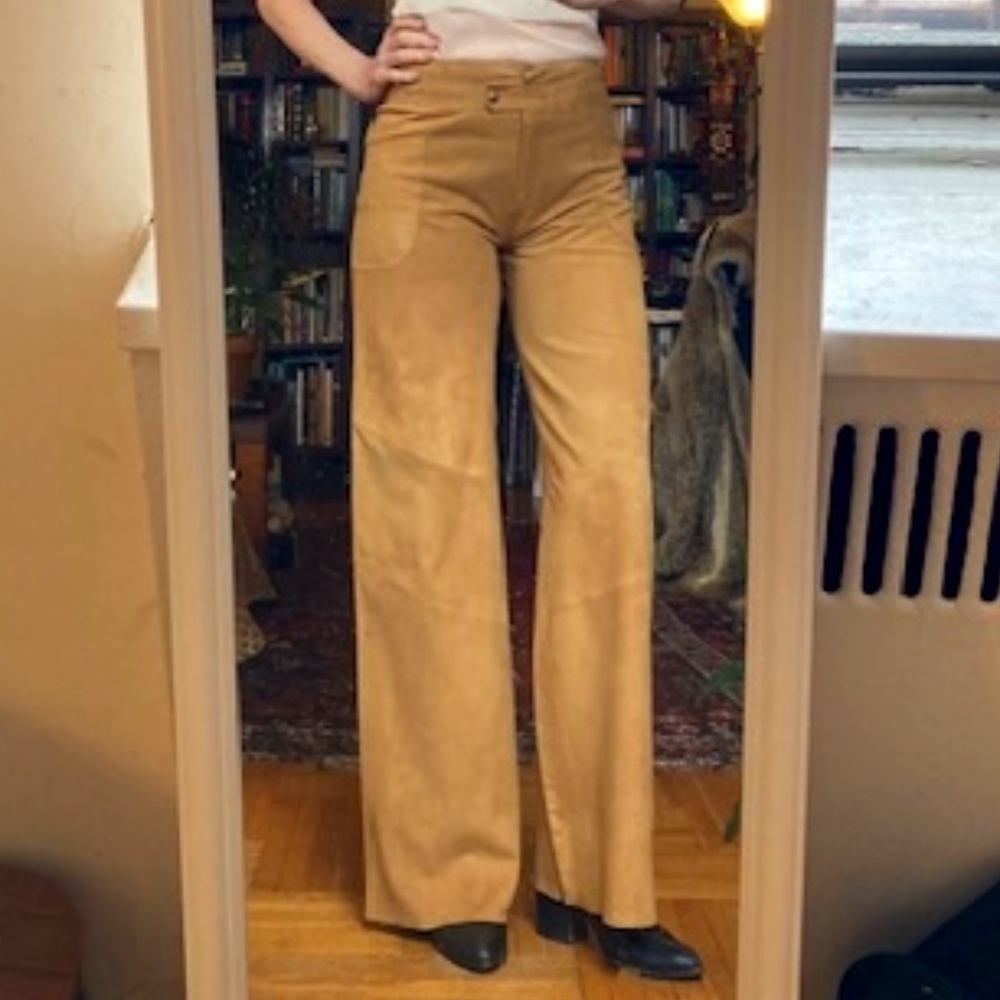 Kenzo, Tan/Sand desert brown 100% real Goat/Suede wide leg trousers size 40  NWT